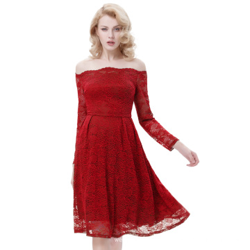 Belle Poque Sexy Women&#39;s Retro Vintage manga comprida Floral Dark Red Lace A-Line Swing Dress BP000285-1